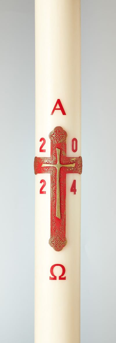 Cierge pascal Croix Trinité, rél 13. Décor réalisé en cire patiné et peint à la main avec relief. Ciergerie Desfossés