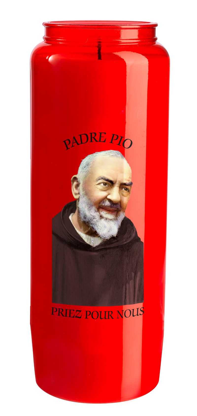 L01 Lampe neuvaine avec effigie "Padre Pio" imprimée en quadrichromie sur le godet Plastique transparent rouge et cire végétale Lampe de sanctuaire à combustible végétal solidifié Ø 6.5 cm H 18 cm 560 g Combustion 8 jours Ciergerie Desfossés