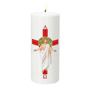 Cierge Pascal des Familles décor Croix Jésus-Christ. Cire classique, durée de combustion 70 heures environ. Hauteur 15 cm, diamètre 6 cm. Ciergerie Desfossés