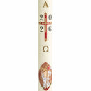 Cierge Pascal décor Croix Christ Ressuscité Décor en cire patiné et peint à la main avec relief. Disponible en différentes hauteurs (80cm / 100 cm / 120 cm) et qualités de cire (classique et 30% cire d'abeille). Ciergerie Desfossés
