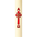 Cierge Pascal décor Croix Rouge et Or décalcomanie - Série limitée cire classique ou abeille. Disponible en différentes hauteurs (80 cm / 100 cm / 120 cm), 4 diamètres et 3 hauteurs.  Cire classique et 30% cire d'abeille Ciergerie Desfossés