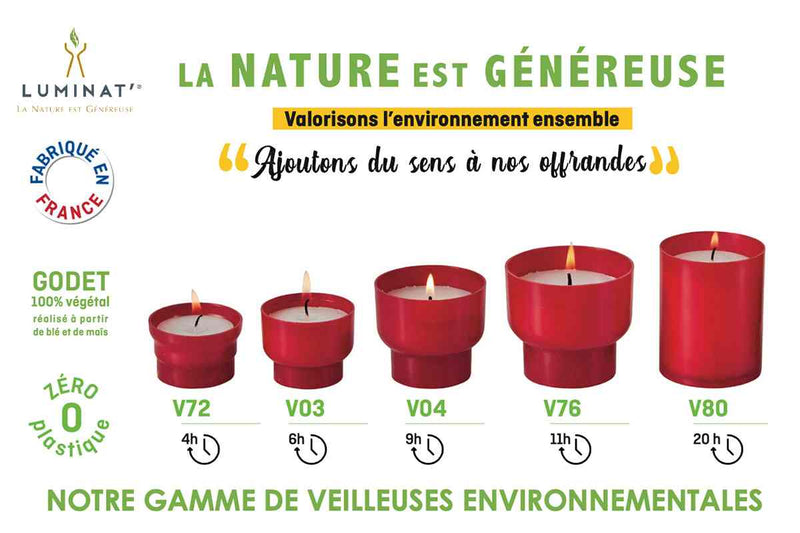 Veilleuses votives Luminat godegt 100% végétal, zéro plastique. De 4h à 20h de combustion. V03 ; V04 ; V80 ; V76 ; V72