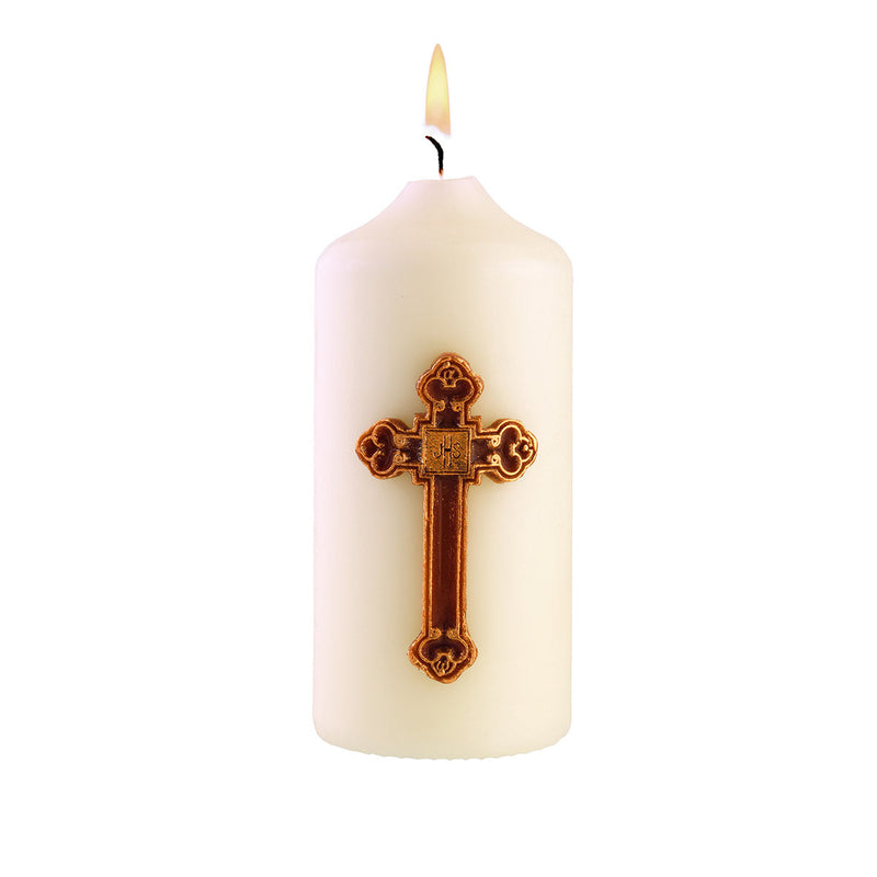 Cierge de baptême blanc cassé décor "Croix grégorienne"  Ø 5.7 cm H 11 cm.