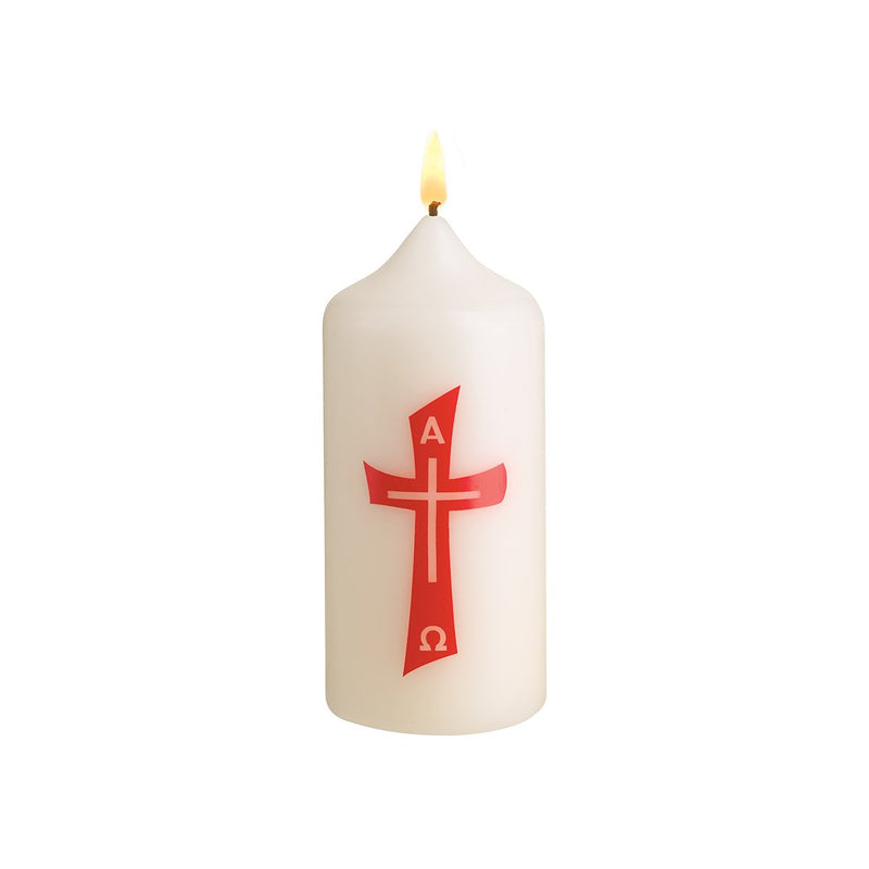 Cierge de baptême blanc cassé avec décor "Croix rouge"  Ø 5.7 cm H 11 cm.