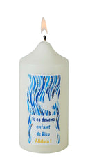 Cierge de baptême   décor et mention "Tu es devenu" blanc cassé. Hauteur 11cm Ciergerie Desfossés