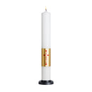 Cierges de baptême avec poignée et rigole percé.  Décor "Je crois" sur aplat or.  La rigole est un procédé astucieux d'une durée de 20 minutes environ et qui évite tout désagrément dû à la combustion du cierge.