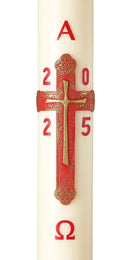 Cierge Pascal avec décoration Croix Trinité, réf 13, est fabrique en cire classique ou 30% cire d'abeille Ciergerie Desfossés.