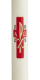 Cierge Pascal Croix Px - Cire classique ou abeille. Décor en cire rouge, en relief, peint à la main. Disponible en différentes hauteurs (80 cm / 100 cm / 120 cm), diamètres (7 cm / 9 cm) et qualité de cire (classique et 30% cire d'abeille). Ciergerie Desfossés