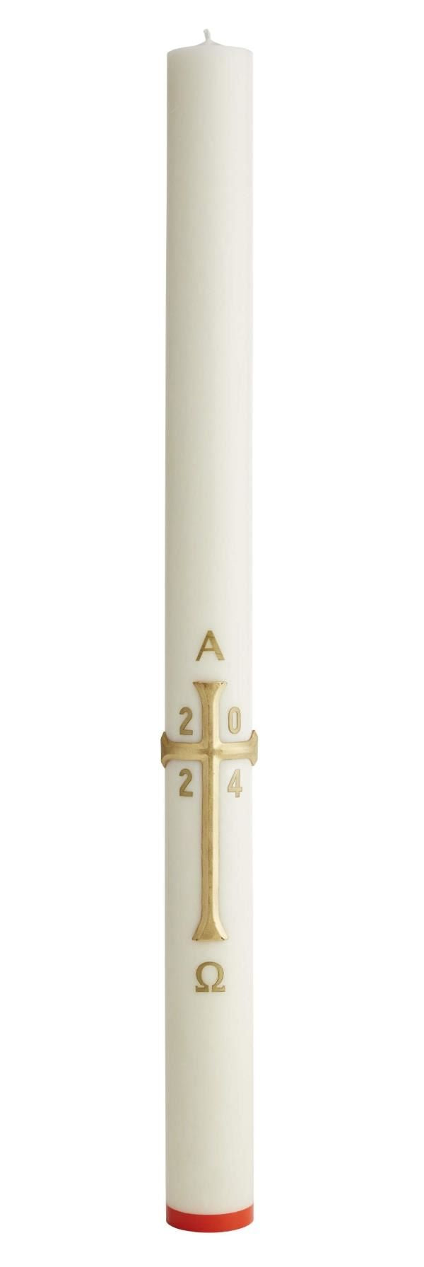 Cierge Pascal orné d'une Croix Crypte Décor en cire croix peinte à la main. Un diamètre 90mm et 3 hauteurs. Cire d'abeille ou cire classique. Ciergerie Desfossés