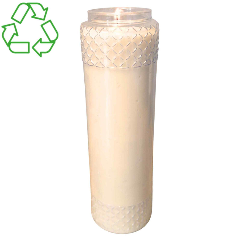 Lampe de neuvaine avec ornement décoratif. Cire mix végétal et minéral. Contenant en matière recyclable. 9 jours de prière. Ciergerie Desfossés