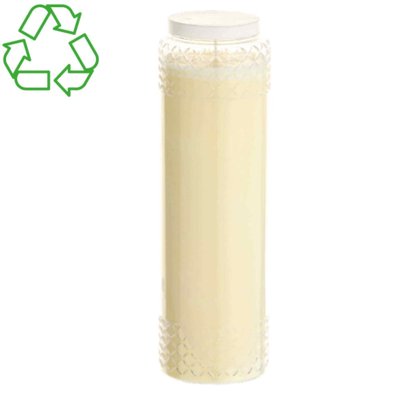 Bougie de neuvaine avec ornement sur contenant. Cire mix végétal et minéral. Godet matière recyclable. Durée 9 jours. Ciergerie Desfossés
