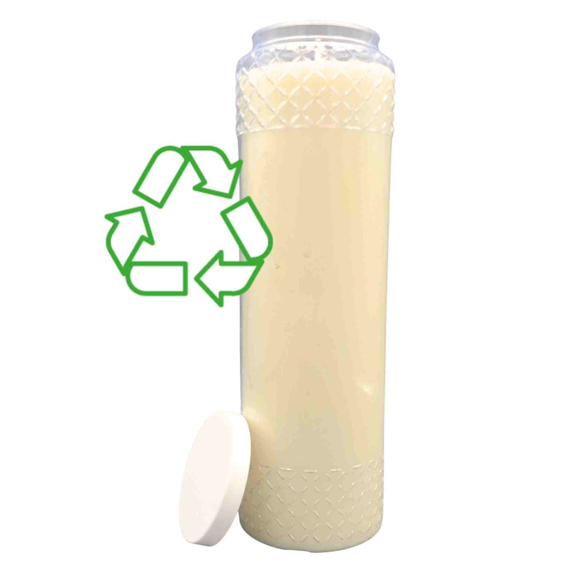 Neuvaine au godet décoré de motifs géométriques fabriqué en plastique recyclable. 9 jours de flamme. Ciergerie Desfossés