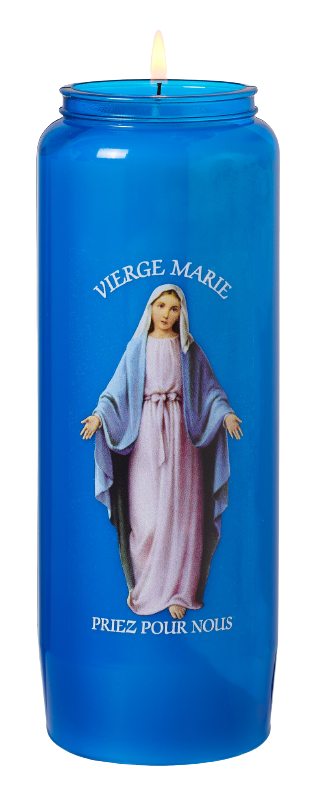 Bougie neuvaine effigie "Vierge Marie" quadrichromie combustion 8 jours cire végétale godet plastique durable coloris bleu Ø 6.5 cm H 18 cm Ciergerie Desfossés
