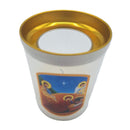 Veilleuse votive Nativité au godet blanc. Durée 28h. H 8cm diam 6.5cm. Vue de dessus. Ciergerie Desfossés