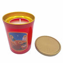 Veilleuse votive Nativité rouge, cerclé or avec couvercle. Combustion 28h. Plastique recyclé, cire minérale. Ciergerie Desfossés