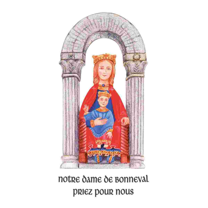 Bougie neuvaine effigie Notre Dame de Bonneval. Durée +/- 9 jours. Cire végétale. Ciergerie Desfossés.