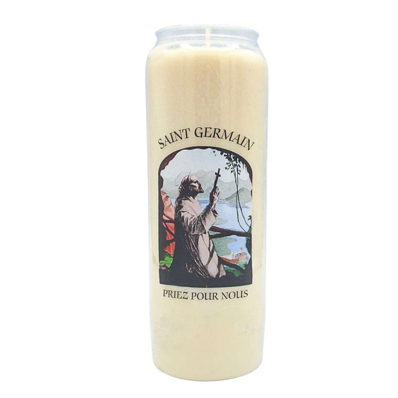 Bougie neuvaine effigie Saint Germain. Durée +/- 9 jours. Cire végétale. Ciergerie Desfossés.