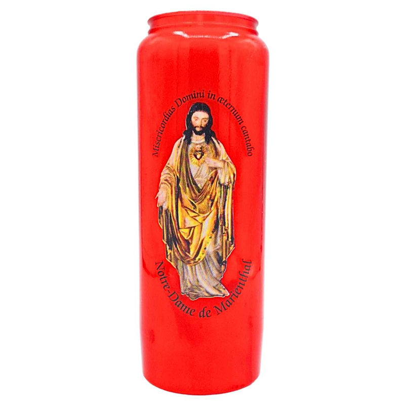 Bougie neuvaine effigie Notre Dame de Marienthal 'Misericordia Domini' godet coloris rouge. Durée +/- 9 jours. Cire végétale. Ciergerie Desfossés