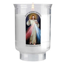 Bougie votive effigie Jésus Miséricordieux . Durée de combustion 30h. Cire minérale, godet forme tulipe plastique recyclé. Ciergerie Desfossés