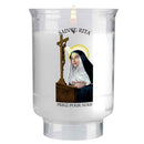Veilleuse votive effigie Sainte Rita accompagnée de la mention Priez pour Nous. Durée de combustion 30h. Cire minérale, godet forme tulipe plastique recyclé. Ciergerie Desfossés