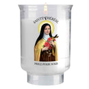 Veilleuse votive effigie Sainte Thérèse avec mention Priez pour Nous. Durée de combustion 30h. Cire minérale, godet forme tulipe plastique recyclé. Ciergerie Desfossés