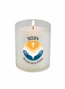 Bougie veilleuse votive 2024 année de la Prière. Godet 100% naturel sans plastique. Combustion 20h. Ciergerie Desfossés