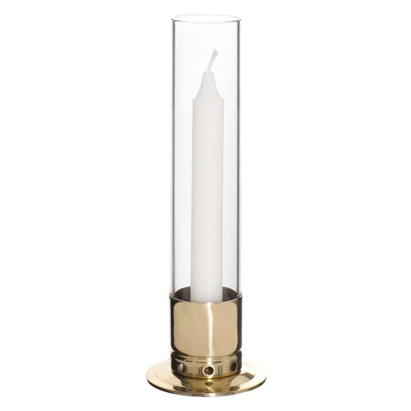Bougeoir photophore.  Base laiton or et tube en verre trempé. Bougie jusqu'à 24 mm de diamètre. Ciergerie Desfossés