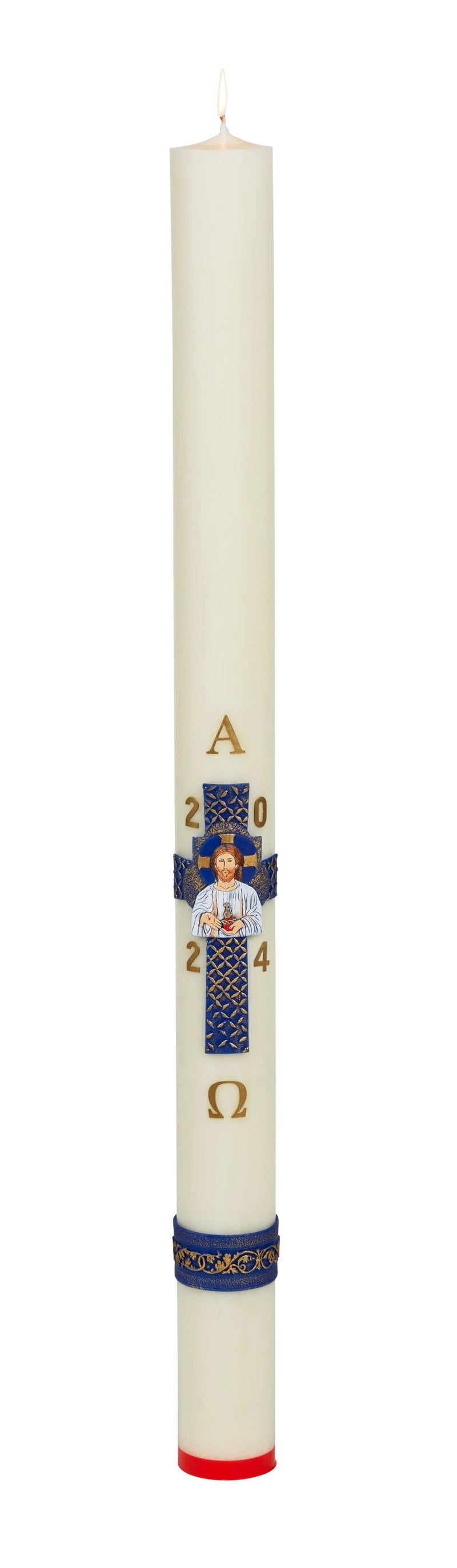 Cierge pascal Croix Christ Miséricordieux se décline en diamètre 90 mm et  2 hauteurs (100 cm/120 cm).