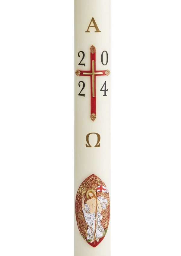 Cierge Pascal avec décoration "Croix Christ Ressuscité" Décor en cire patiné et peint à la main avec relief. Ciergerie Desfossés