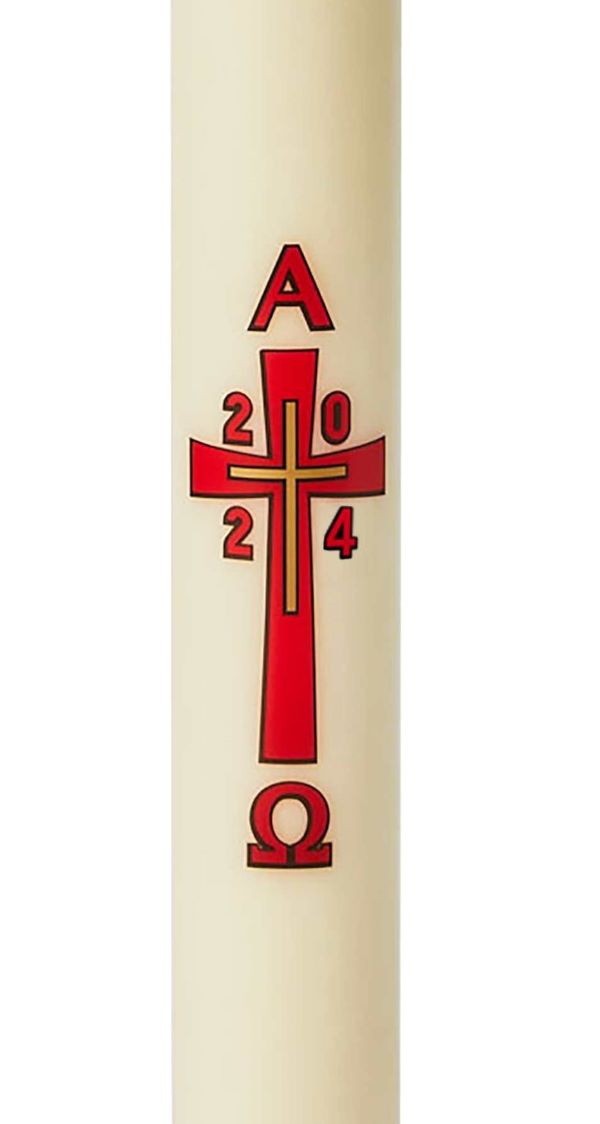 Cierge Pascal "Croix Rouge et Or" décalcomanie - Série limitée cire classique ou abeille. Disponible en différentes hauteurs (80 cm / 100 cm / 120 cm), diamètres (5.5 cm / 7 cm / 9 cm) et qualités de cire (classique et 30% cire d'abeille).