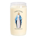 Effigie Vierge Marie bras ouverts, inscription Priez pour nous,lampe votive godet transparent, Ciergerie Desfossés