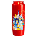Bougie neuvaine rouge Nativité 'Suivez l’étoile', décor représentant l’Enfant Jésus, Marie et Joseph dans une grande étoile. Ciergerie Desfossés