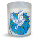 Veilleuse votive effigie Prière pour la Paix illustrée de la symbolique chrétienne de la colombe. Godet Luminat 100% naturel, sans plastique. Combustion +/- 20 h. Luminat V80 Ciergerie Desfossés