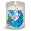 Bougie votive Luminat Prière pour la Paix illustrée de la symbolique chrétienne de la colombe. Godet végétal sans plastique. Durée +/- 20 h. Luminat V80 Ciergerie Desfossés