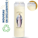 Bougie de neuvaine effigie Vierge Marie. Contenant à ornement décoratif. en relief géométrique. Cire mix végétal et minéral. Contenant en matière recyclable. 9 jours de prière. Ciergerie Desfossés
