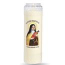 Neuvaine effigie Sainte Thérèse. Contenant à ornement décoratif recyclable. Cire mix végétal et minéral.  Durée +/- 9 jours. Ciergerie Desfossés