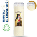 Bougie de neuvaine effigie Sainte Thérèse. Contenant à ornement décoratif. en relief géométrique. Cire mix végétal et minéral. Contenant en matière recyclable. 9 jours de prière. Ciergerie Desfossés