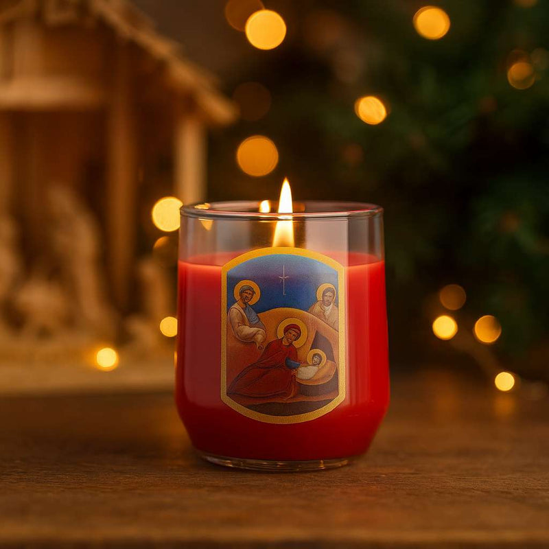 Bougie photophore Nativité Noël. Contenant en verre avec cire rouge. Durée de flamme 24 heures. Illustration en couleur scène de la Nativité. Ciergerie Desfossés