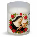 Veilleuse de prière Sainte Rita avec prière. Illustration 1/2 Godet sans plastique. Durée +/- 20 h. Veilleuse de prière Luminat Ciergerie Desfossés