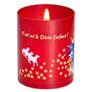 Bougie votive Nativité - suivez l’étoile, vue du décor rouge avec moutons, étoiles et inscription "Il est né le Divin Enfant !" Ciergerie Desfossés