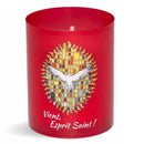 Veilleuse votive illustrée, effigie Esprit Saint et mention Viens Esprit Saint !. Godet végétal. Durée +/- 20 h. Bougie votive Luminat Ciergerie Desfossés