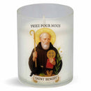 Veilleuse votive illustrée, effigie de Saint Benoît. Godet naturel zéro plastique. Durée +/- 20 h. Veilleuse d'église Luminat V80 Ciergerie Desfossés