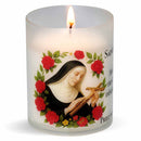 Bougie votive effigie Sainte Rita avec prière. Illustration 180° sur Godet zéro plastique. Durée +/- 20 h. Veilleuse de prière Luminat Ciergerie Desfossés