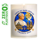Bougie votive écoresponsable Pape Léon XIV France 2026 avec effigie en médaillon bleu sur contenant 100% naturel Ciergerie Desfossés
