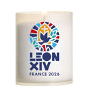 Veilleuse votive  360° Pape Léon France 2026 avec logo et deviser sur contenant 100% naturel. Vue de face logo Ciergerie Desfossés