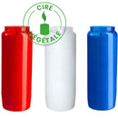 Neuvaines, bougies à la cire végétale et au contenant en plastique recyclable. 9 jours de flamme. 3 coloris de godet : bleu, blanc, rouge. Ciergerie Desfossés