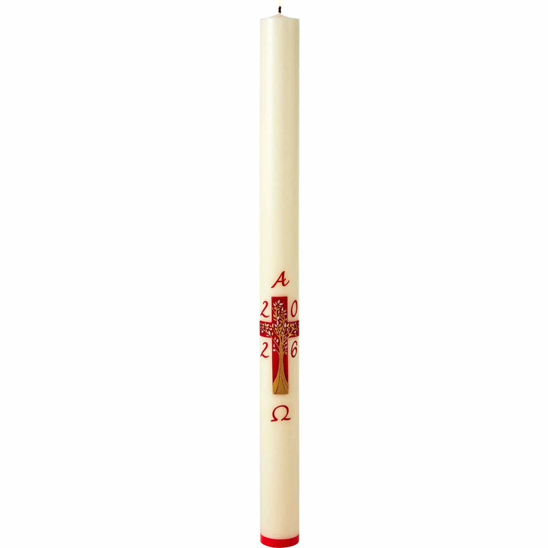 Cierge de Pâques orné d'une Croix Arbre de Vie Décor en cire peinte à la main. Disponible en 3 hauteurs et 2 diamètres. Cire d'abeille ou classique. Ciergerie Desfossés