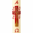 Cierge Pascal au décor Croix Arbre de Vie Décor en cire croix peinte à la main. Disponible en différentes hauteurs (80cm / 100 cm / 120 cm) et qualités de cire (classique et 30% cire d'abeille). Ciergerie Desfossés