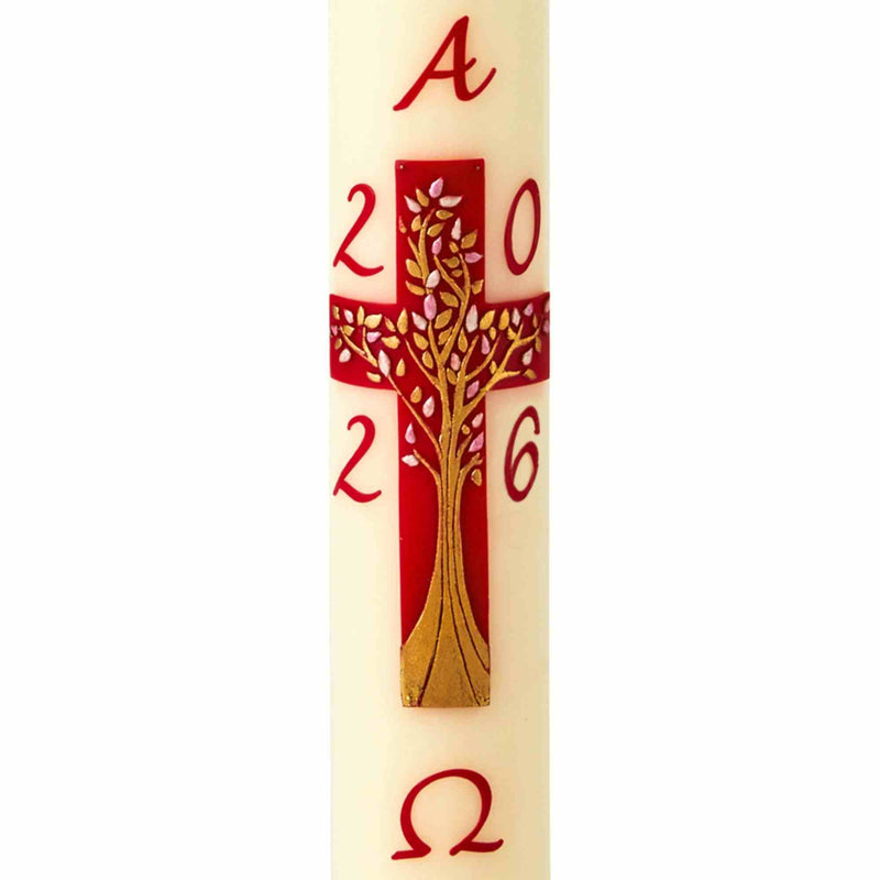 Cierge Pascal au décor Croix Arbre de Vie Décor en cire croix peinte à la main. Disponible en différentes hauteurs (80cm / 100 cm / 120 cm) et qualités de cire (classique et 30% cire d'abeille). Ciergerie Desfossés