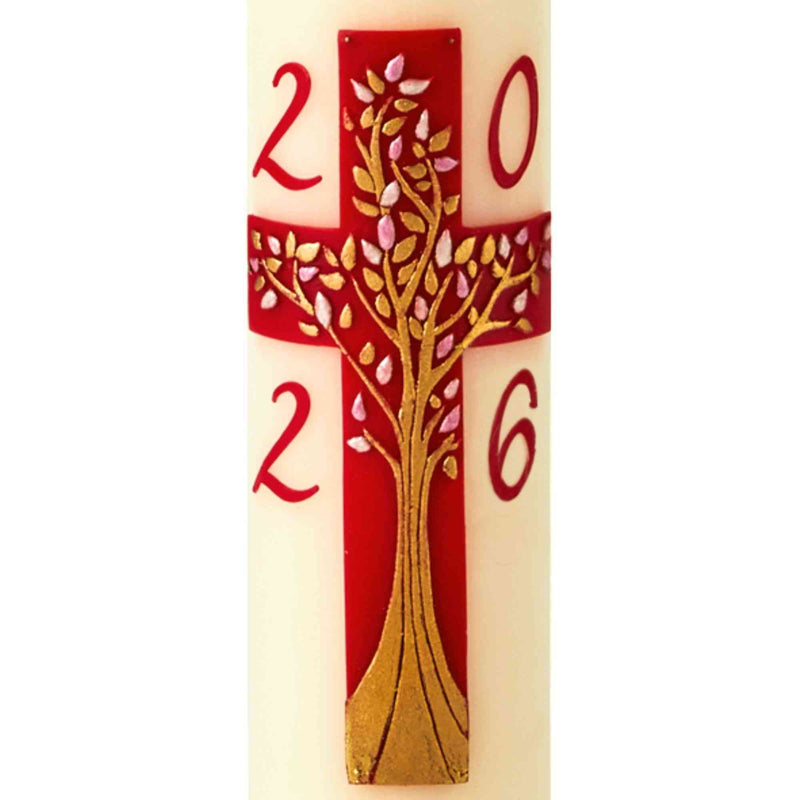 Cierge Pascal décor Croix Arbre de Vie. Décor du décor artisanal réalisé.  Ciergerie Desfossés